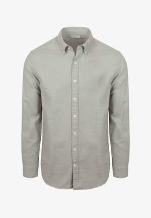Grijze langemouwshirt van lichtgewicht stof met een button-down kraag, een knoopsluiting aan de voorkant en een afgeronde zoom. Effen textuur zonder patronen.