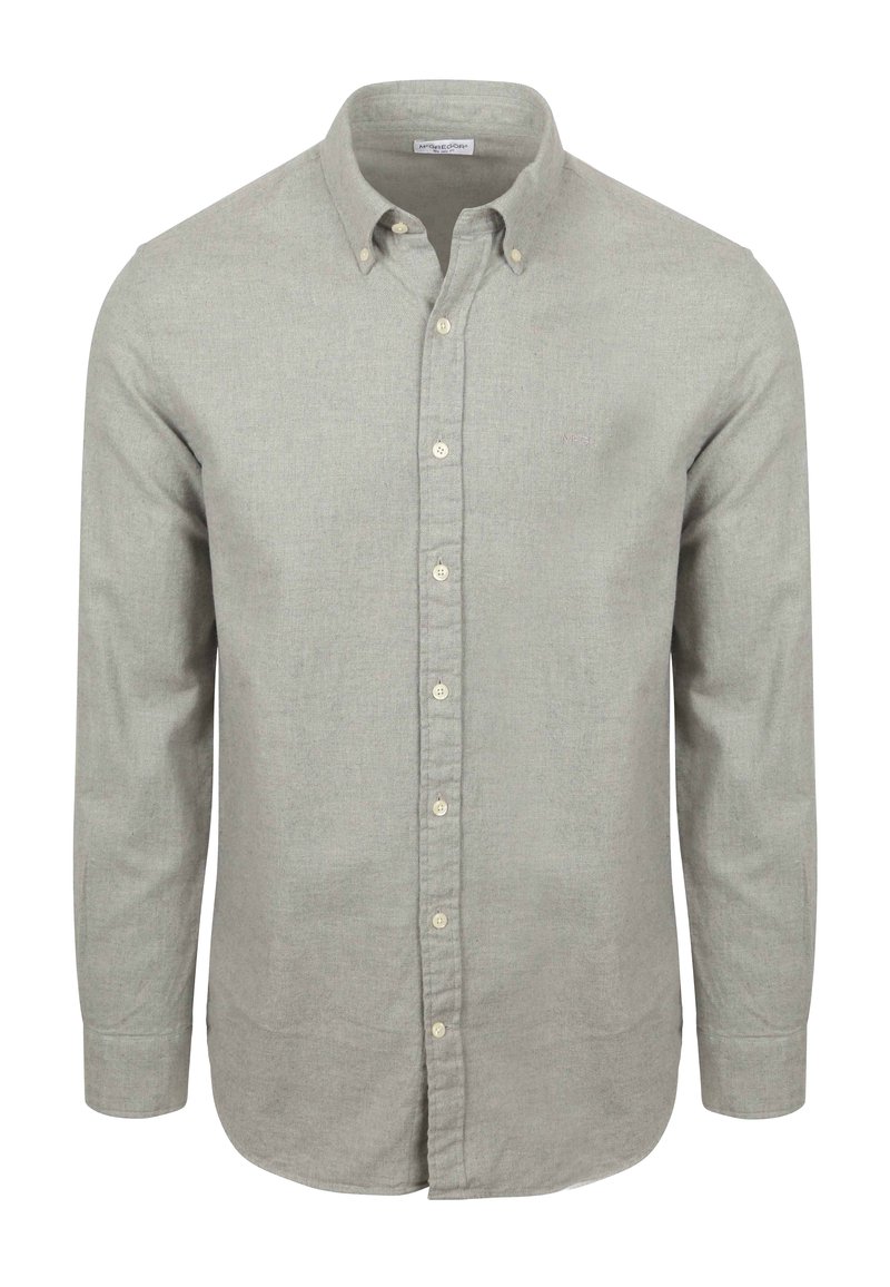 Graues Langarmhemd aus leichtem Stoff mit Button-Down-Kragen, Knopfleiste vorne und abgerundetem Saum. Einheitlicher Stoff ohne Muster.