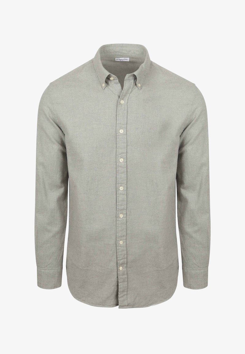 Graues Langarmhemd aus leichtem Stoff mit Button-Down-Kragen, Knopfleiste vorne und abgerundetem Saum. Einheitlicher Stoff ohne Muster.