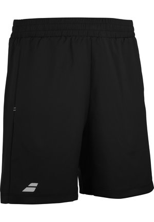 Sorte atletikshorts med elastisk talje og lille reflekterende logo på venstre ben nederst.