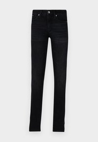 Jean slim negro, confeccionado en denim, con cinco bolsillos, cierre de cremallera y un ligero desgaste para mayor textura e interés visual.