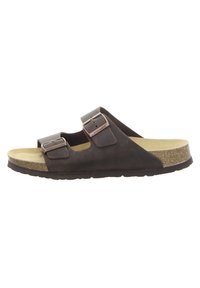 Brown leather sandals with two adjustable buckles, cork footbed, textured rubber sole, and smooth upper surface. Classic slide design.