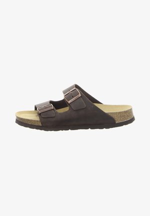 Brown leather sandals with two adjustable buckles, cork footbed, textured rubber sole, and smooth upper surface. Classic slide design.