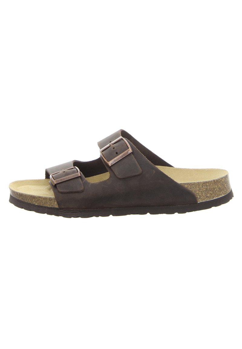 Brown leather sandals with two adjustable buckles, cork footbed, textured rubber sole, and smooth upper surface. Classic slide design.