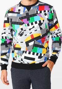Buntbedruckter Sweatshirt mit einer Mischung aus geometrischen Mustern und Klaviertasten. Hergestellt aus weichem Stoff mit schwarzen Akzenten. Mit langen Ärmeln und Rundhalsausschnitt.