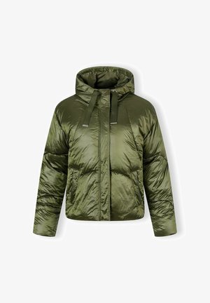 Olivengrøn polstret jakke med hætte, med lynlåslukning, justerbare snore og elastiske manchetter for et tætsiddende look.