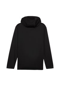 Zwarte hoodie met lange mouwen, gemaakt van gestructureerde stof. Heeft een centrale achterkantnaad en een capuchon zonder zichtbare sluitingen.