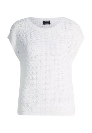 Haut sans manches en maille blanche avec un col rond et un motif ajouré texturé, étiquette JOOP! Fil italien.