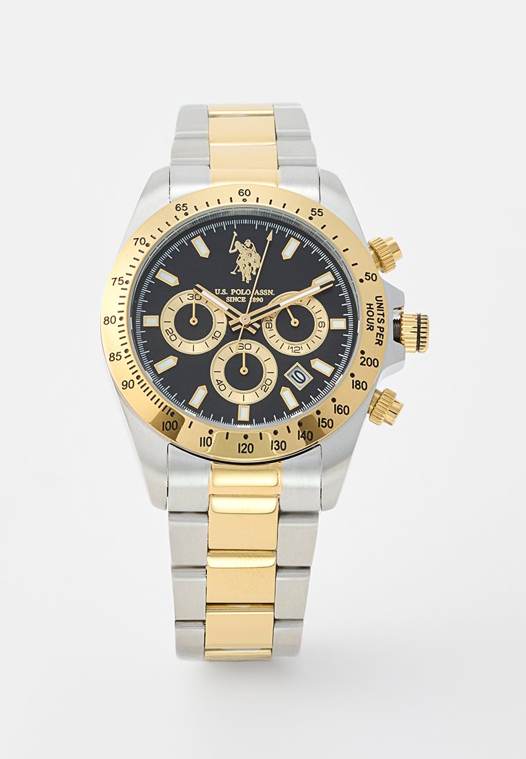 Orologio cronografo con quadrante nero, cinturino in acciaio inossidabile oro e argento, accenti dorati, tre sottodial e funzione data.