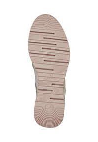 Podešev boty z texturovaného světle růžového gumového materiálu. Obsahuje linie drážek a vzory pro záběr. Vytlačené logo TOMS.