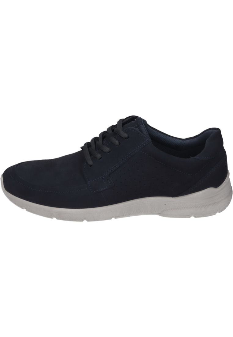 Sneaker in suede blu navy con pannello laterale perforato, design con lacci, colletto imbottito e suola in gomma bianca.