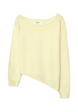 Hellgelber asymmetrischer Strickpullover mit langen Ärmeln und gerippten Bündchen, mit einem breiten, runden Ausschnitt.