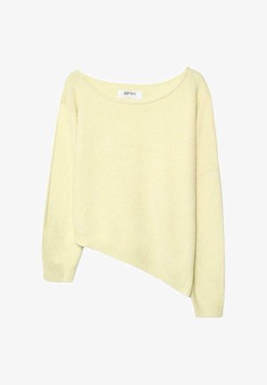 Hellgelber asymmetrischer Strickpullover mit langen Ärmeln und gerippten Bündchen, mit einem breiten, runden Ausschnitt.