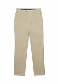 Chinos beige realizzati in twill di cotone, con gambe dritte, tasche laterali e chiusura con bottone frontale. Tessuto liscio con dettagli minimi.