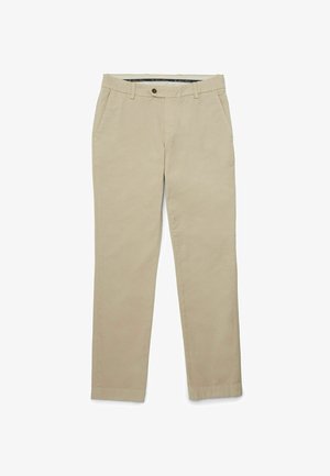 Beige chinos van katoen twill, met rechte pijpen, zijzakken en een voorknopsluiting. Glad textuur met minimale details.