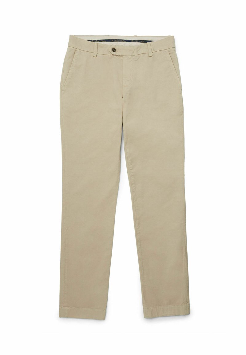 Chinos beige realizzati in twill di cotone, con gambe dritte, tasche laterali e chiusura con bottone frontale. Tessuto liscio con dettagli minimi.