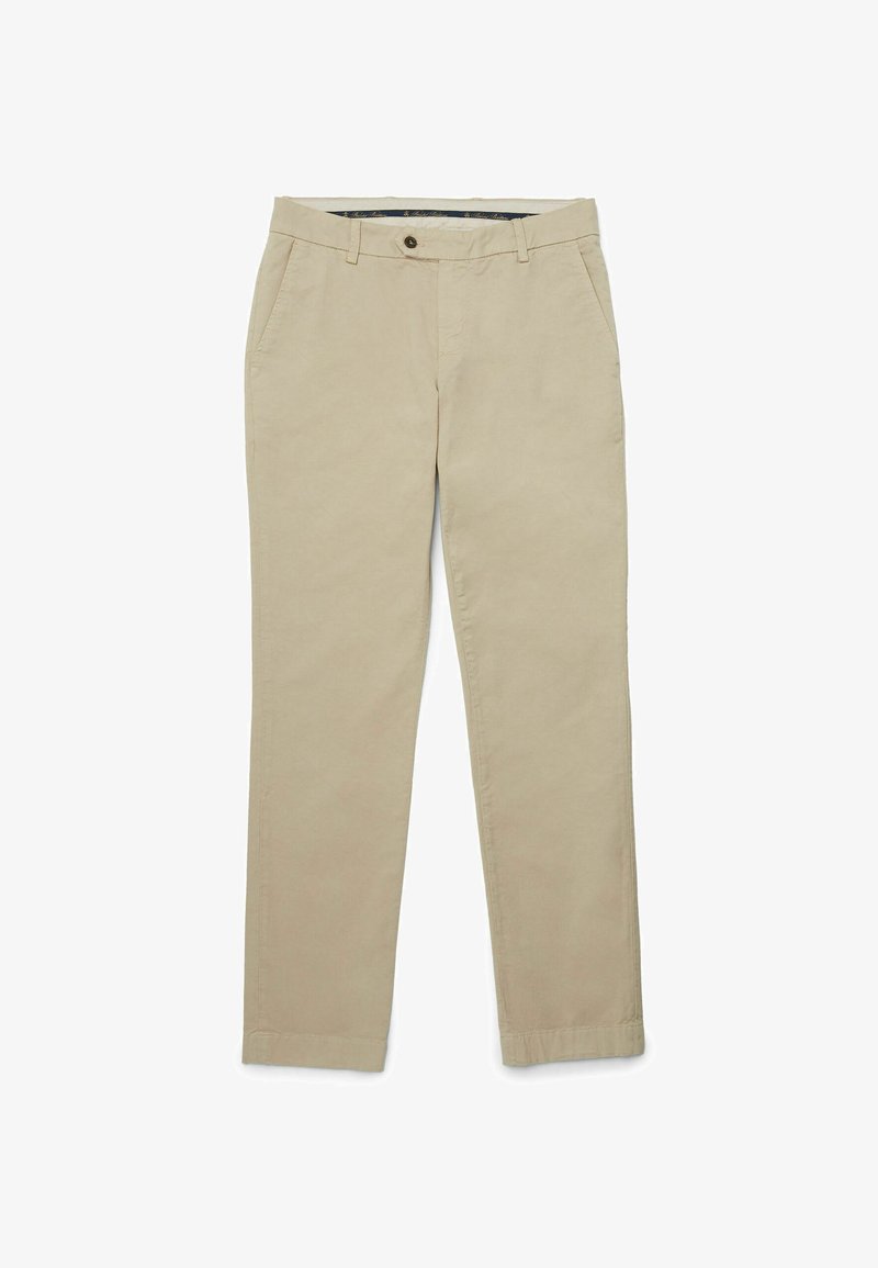 Chinos beige realizzati in twill di cotone, con gambe dritte, tasche laterali e chiusura con bottone frontale. Tessuto liscio con dettagli minimi.