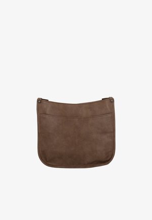 Geantă de umăr din piele maro cu o textură netedă, margine superioară curbată și un buzunar frontal. Prezintă accente metalice pe laturi.