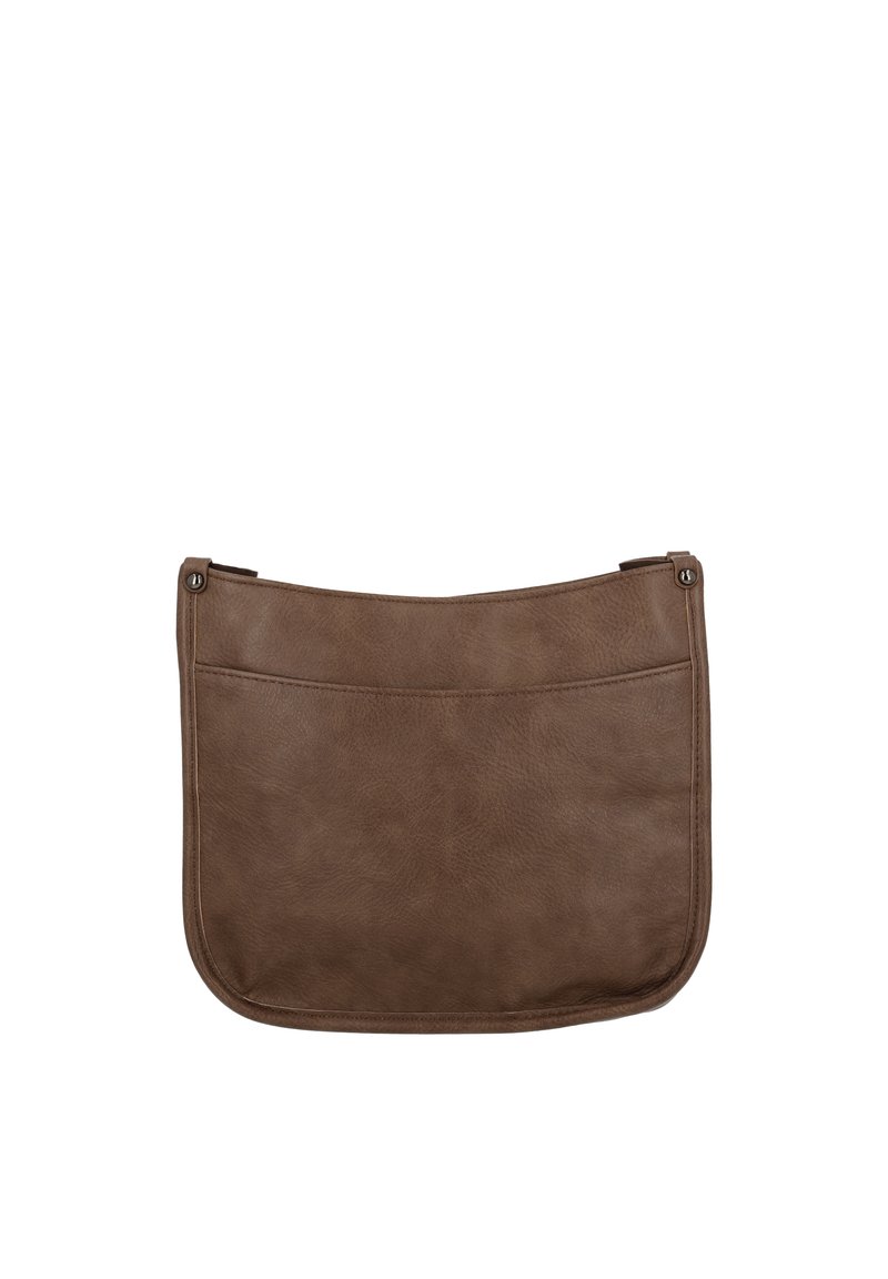 Brun læder skuldertaske med en glat overflade, buet topkant og en frontlomme. Udstyret med metal detaljer på siderne.