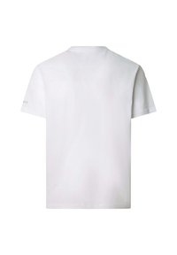 T-shirt blanc uni à manches courtes vu de dos, avec un col rond et un texte discret sur la manche gauche.