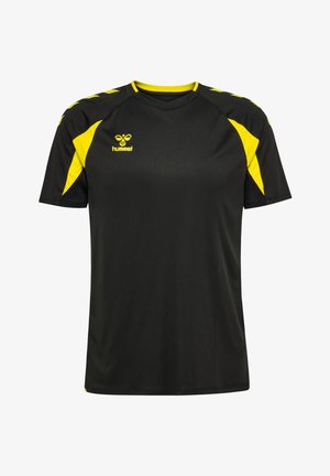 Zwart sports T-shirt met korte mouwen en gele accenten op de schouders en zijkanten, hummel-logo op de linkerborst.
