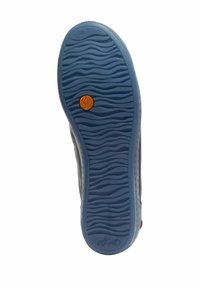 Sole della scarpa con texture ondulata, materiale in gomma blu, logo arancione circolare, numero 36 indicato e un bordo rialzato lungo il perimetro.