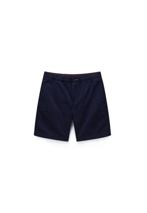 Marineblå herreshorts med elastisk linning, frontknap og sidelommer, vist mod en hvid baggrund.