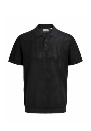 Tricou polo negru cu mâneci scurte, realizat din țesătură tricotată texturată, cu închidere cu trei nasturi și manșete și tiv striate.
