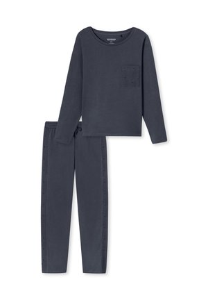 Ensemble de loungewear gris foncé en deux pièces comprenant un haut à manches longues avec une poche et un pantalon avec broderie sur les côtés et une taille élastique.