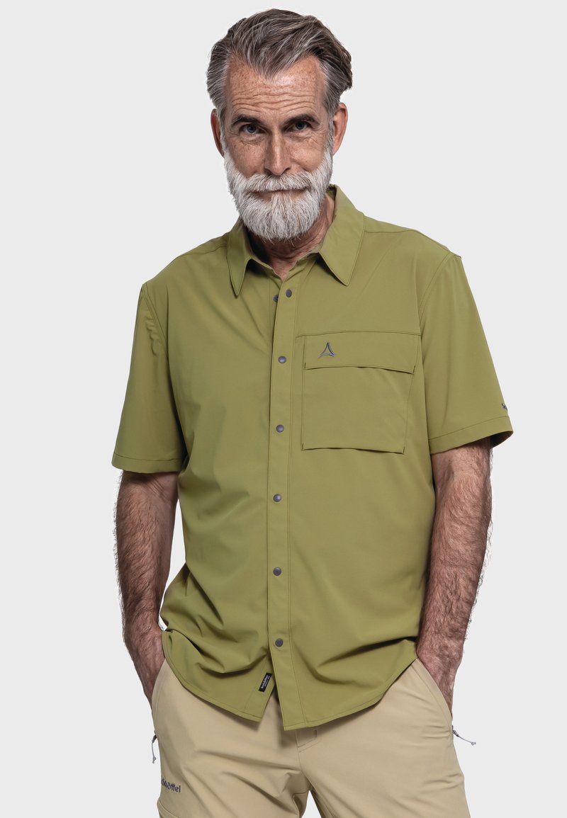 Kurze Ärmel, olivgrünes Hemd mit Knopf-Design, einer Brusttasche und einem Logodetail. Hergestellt aus leichtem Material.
