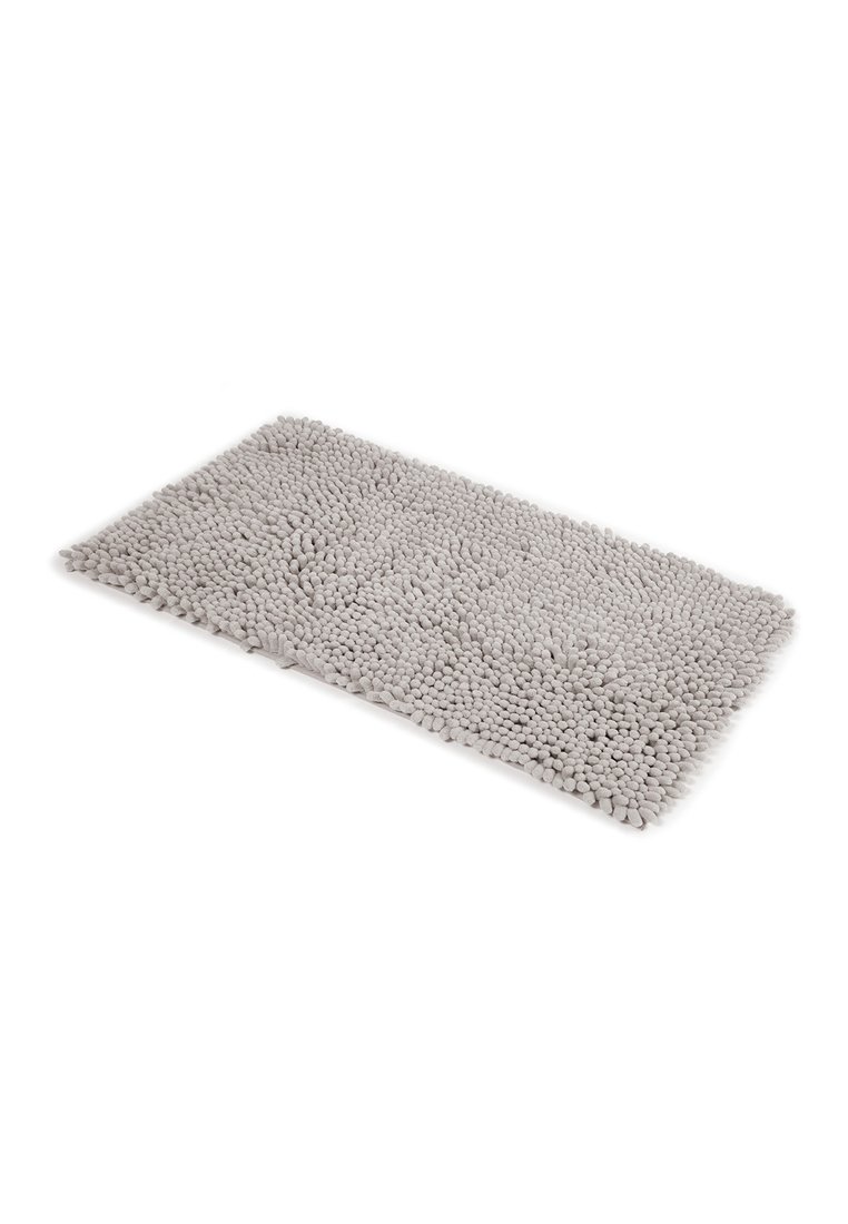 Rechteckige Badmatte in Hellgrau mit einer strukturierten, kieselartigen Oberfläche. Verfügt über abgerundete Perlen für Halt und Komfort. Weiches, plüschiges Material.