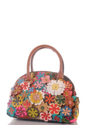 Braune Lederhandtasche, dekoriert mit bunten, geschichteten Blumenapplikationen in Pink, Gelb, Blau, Grün, Orange und Weiß, die die Oberfläche bedecken.