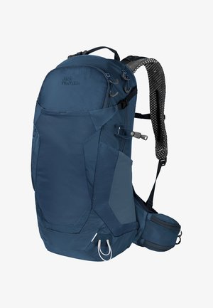 Blauwe wandelrugzak met gestructureerde stof, meerdere vakken, verstelbare banden en een zijvak. Beschikt over ergonomische mesh rugsteun.