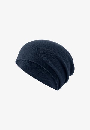 Granatowy, dzianinowy beanie o miękkiej fakturze, luźnym kroju, z gładkim wykończeniem i marszczeniem z tyłu, zapewniającym regulowane dopasowanie.