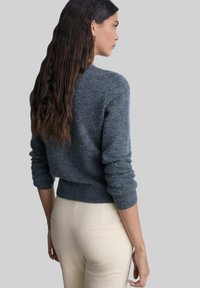 Grauer Wollpullover mit Rundhalsausschnitt, schmalen Bündchen und geripptem Saum, kombiniert mit hellfarbenen Hosen. Die Textur wirkt weich und gemütlich.