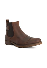 Brown leather chelsea boot with elastic side panels, rounded toe, and a low stacked heel. Notable stitching detail on the toe and heel.