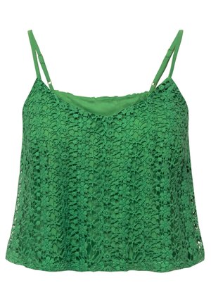 Top verde in pizzo con spalline regolabili, caratterizzato da un motivo floreale, bordi scallop e foderato in seta. Vestibilità morbida, tessuto leggero.