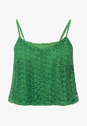 Grüner Spitzen-Top mit verstellbaren Trägern, floralen Muster, gewellten Kanten und einem seidigen Futter. Lockere Passform, leichte Textur.