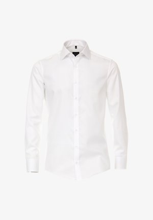 Langärmliges weißes Hemd aus gewebtem Stoff; mit einem Button-Down-Kragen, vorderer Knopfleiste und geradem Saum. Glatte Textur.