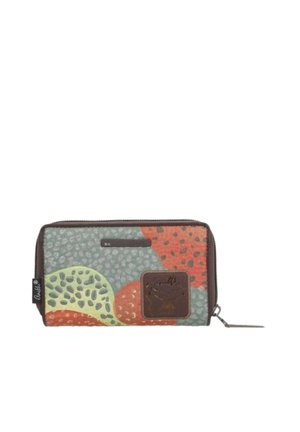 Portafoglio rettangolare con cerniera con motivo astratto multicolore in grigio, arancione e verde, con toppa in pelle e etichetta del marchio in tessuto.