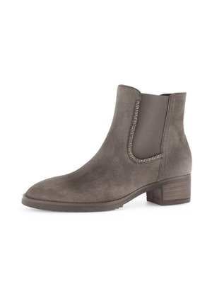 Gray suede ankle boot with elastic side panels and decorative stitching. Slightly rounded toe and a low, stacked wood-like heel.