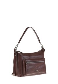 Borsa a spalla in pelle marrone con una tasca frontale con zip, tracolla regolabile, superficie liscia e dettagli in metallo argentato.