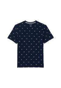Navyblauwe t-shirt van katoen met een ronde hals, korte mouwen en een wit Lacoste-logo patroon dat gelijkmatig over de stof is verdeeld.