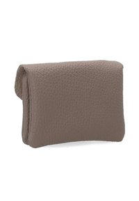 Rectangular leather wallet in a muted taupe color, featuring a textured surface. Fold-over flap design with stitched edges.