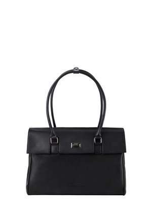 Schwarze Lederhandtasche mit strukturiertem Design, Oberhandgriffen, einer Klappenverschluss und einer kleinen Metall-Logoplatte. Mit einer strukturierten Oberflächendetail.