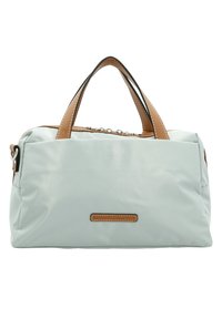 Lichtblauwe nylon tas met bruine leren accenten, dubbele handvatten aan de bovenkant en een rechthoekige vorm. Heeft een gestikte logodetail aan de voorkant.