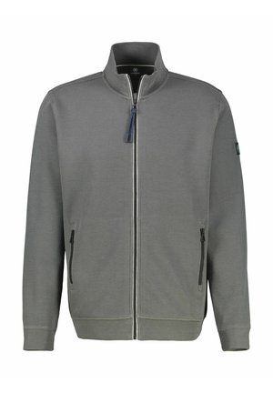 Graue Reißverschlussjacke mit hohem Kragen, strukturiertem Stoff, zwei vorderen Reißverschlusstaschen, kontrastierendem schwarzem Reißverschluss und elastischen Bündchen am Saum.