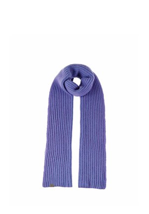 Langer, gerippter violetter Strickschal mit Schlaufe oben, auf weißem Hintergrund dargestellt.