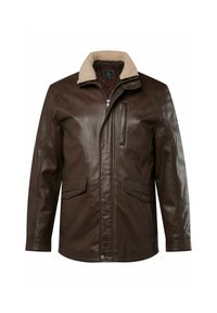 Chaqueta de cuero marrón con cuello de borrego, cierre de cremallera y dos bolsillos frontales. Presenta una textura suave y un corte entallado.