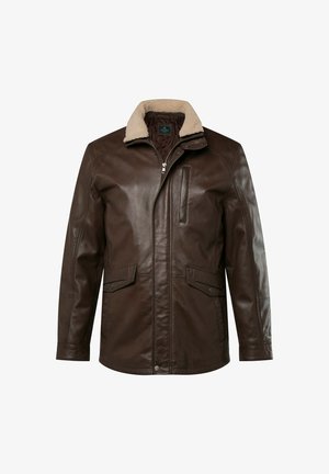 Chaqueta de cuero marrón con cuello de borrego, cierre de cremallera y dos bolsillos frontales. Presenta una textura suave y un corte entallado.